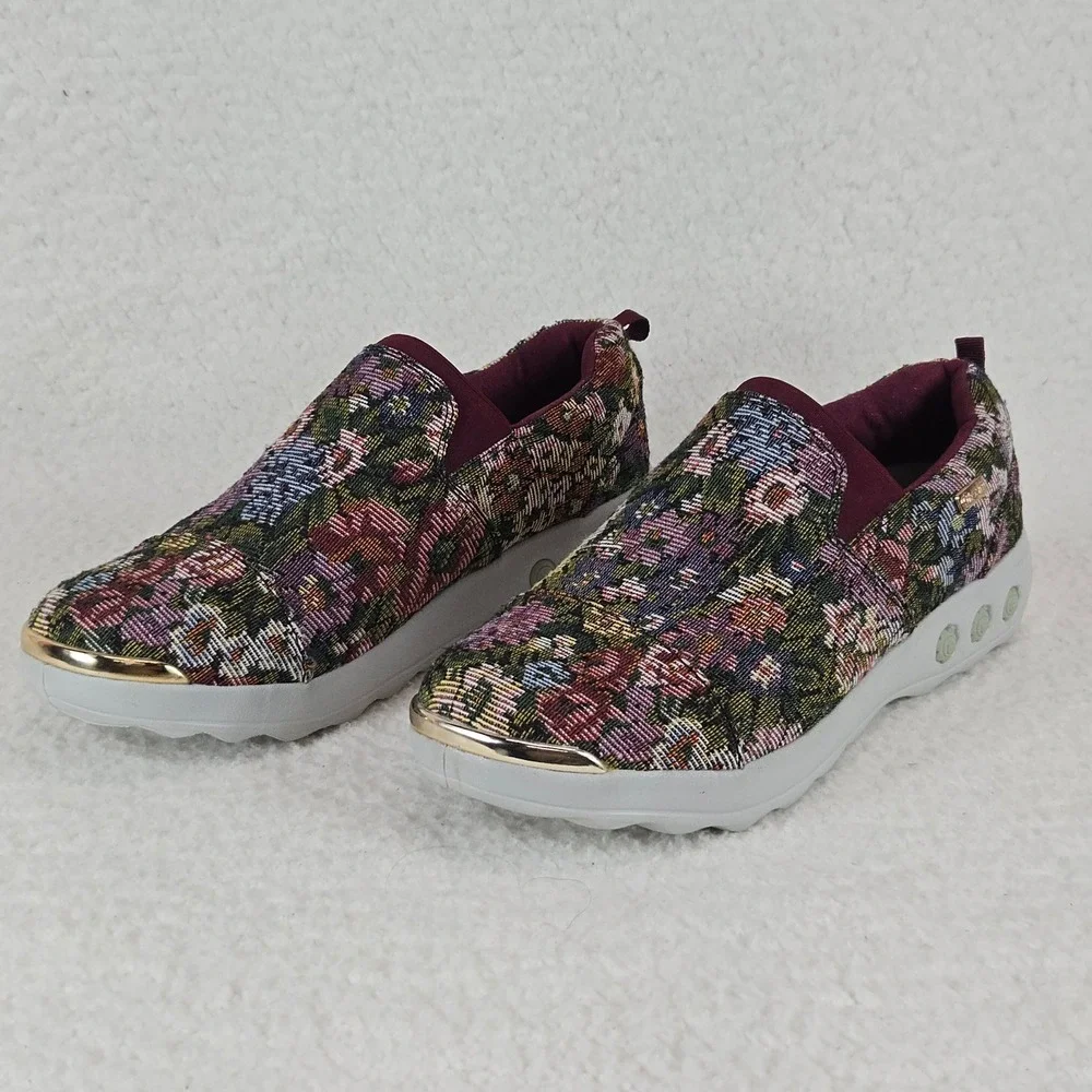 Therafit Womens 8.5 Floral Tapestry Slip On Sneakers Gold Toe Cottagecore Boho